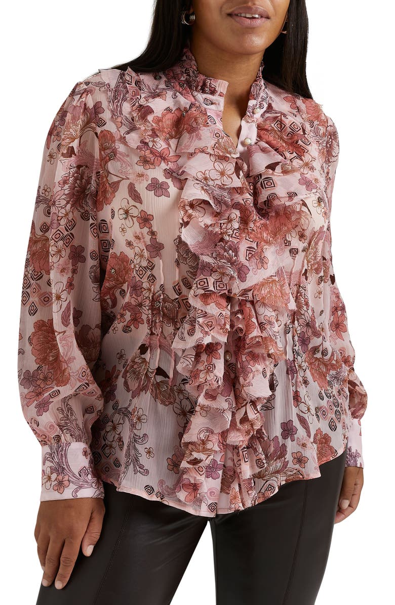 River Island Floral Print Ruffle Placket Blouse, Main, color,