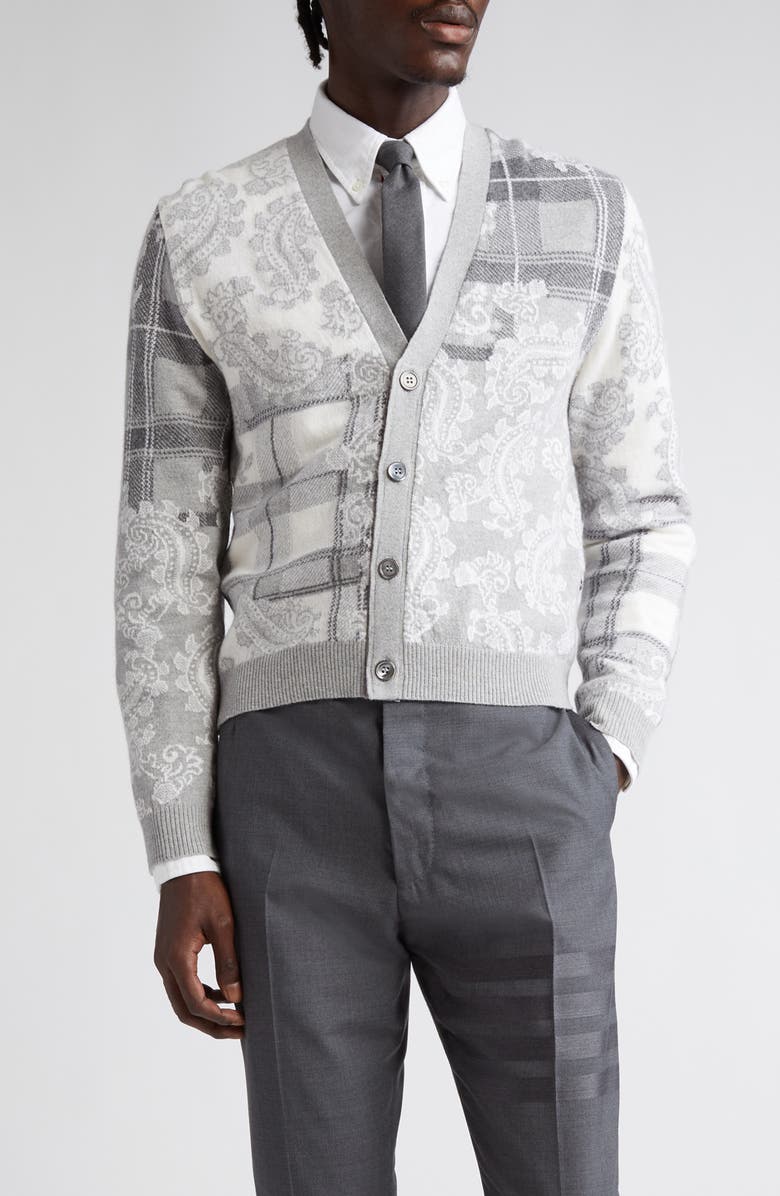 Thom Browne Fun-Mix Tartan Check & Paisley V-Neck Virgin Wool Cardigan, Main, color, 
