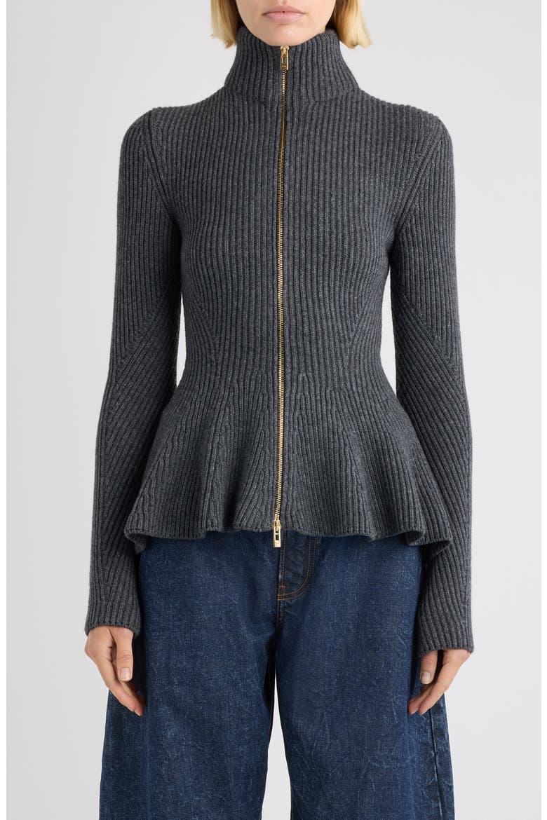 Virgin Wool & Cashmere Peplum Cardigan, Main, color, GRIS FONCE