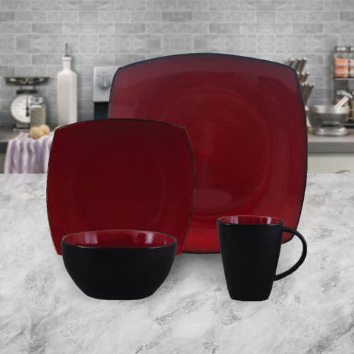 Gibson 16 Piece Square Stoneware Dinnerware Set In Red