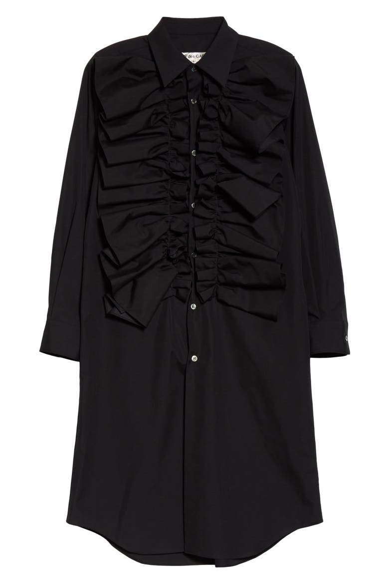 Ruffle Placket Long Cotton Shirt, Alternate, color, BLACK