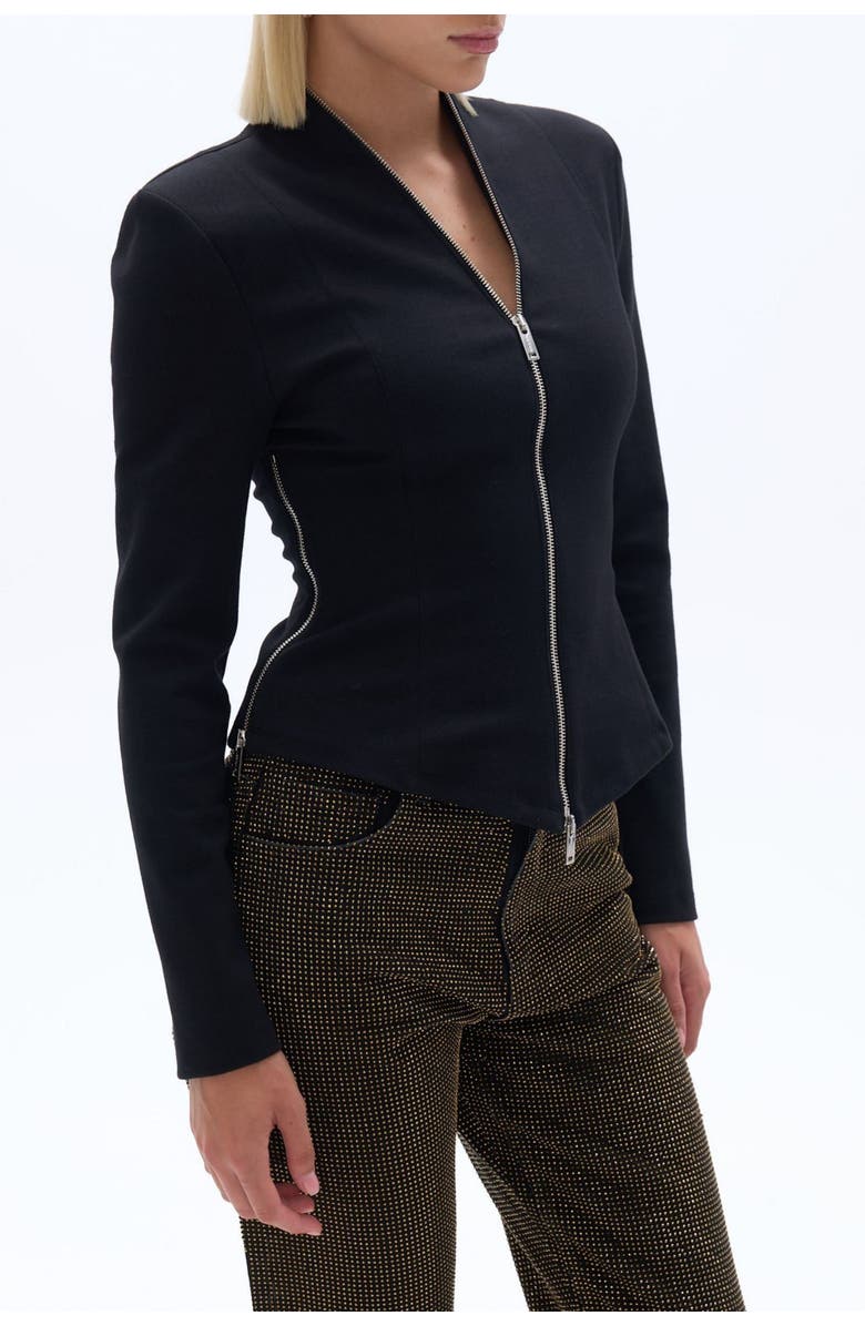 Nocturne Black Structured Zip-Front Blouse with Long Sleeves, Alternate, color, 