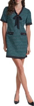 KARL LAGERFELD PARIS Tie Neck Tweed A-Line Minidress