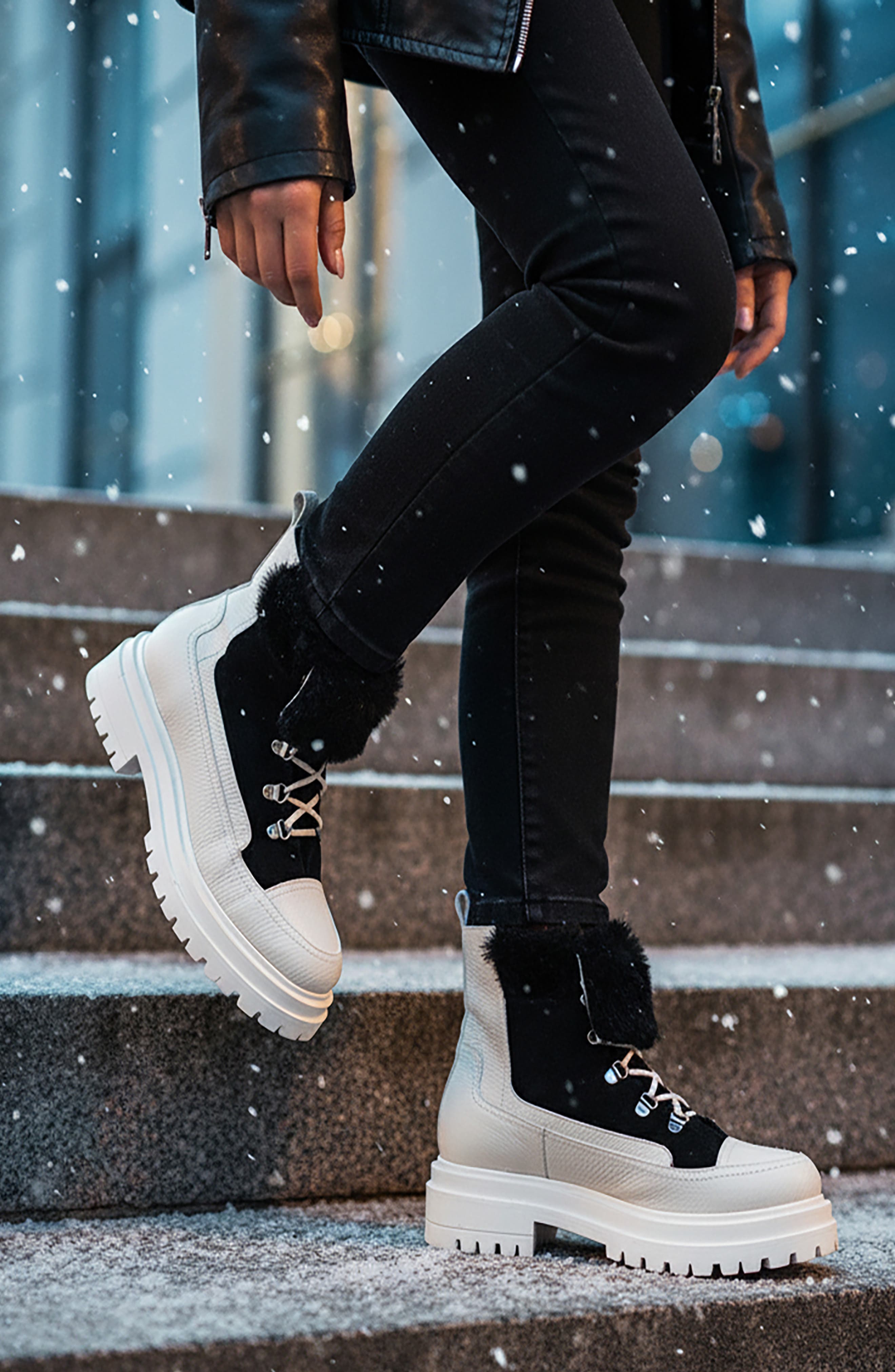 BEAUTIISOLES Francy Genuine Shearling Lined Platform Boot, Alternate, color, Black White