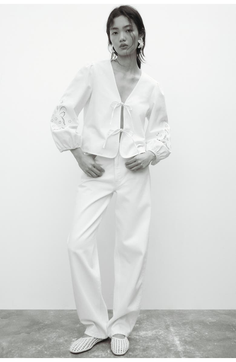 H&M Tie-detail Broderie Anglaise Jacket, Alternate, color, Cream