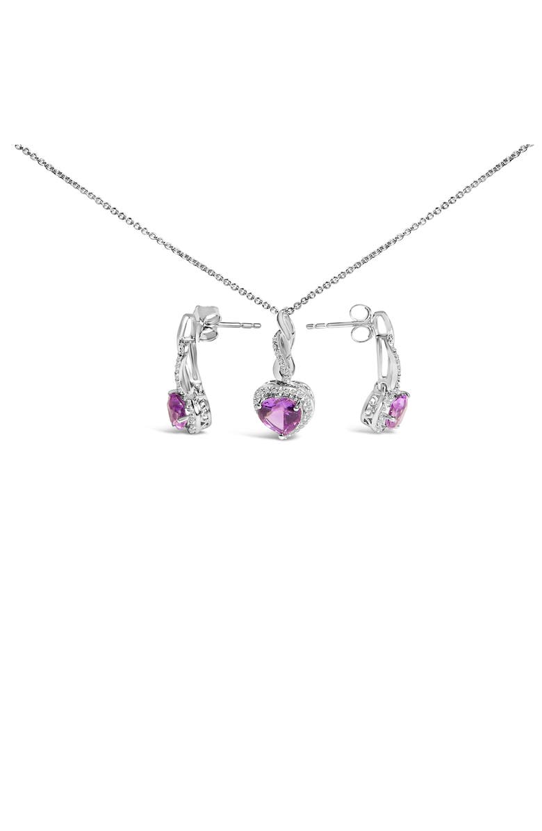 Haus of Brilliance Silver Heart Shape Purple Amethyst and White Sapphire Halo Earring Necklace Set, Main, color, White
