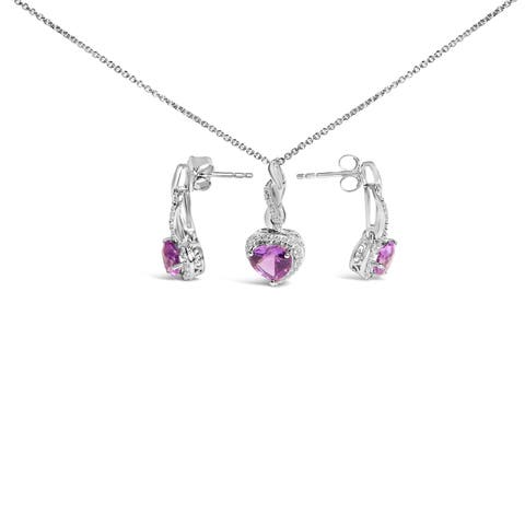 Silver Heart Shape Purple Amethyst and White Sapphire Halo Earring Necklace Set