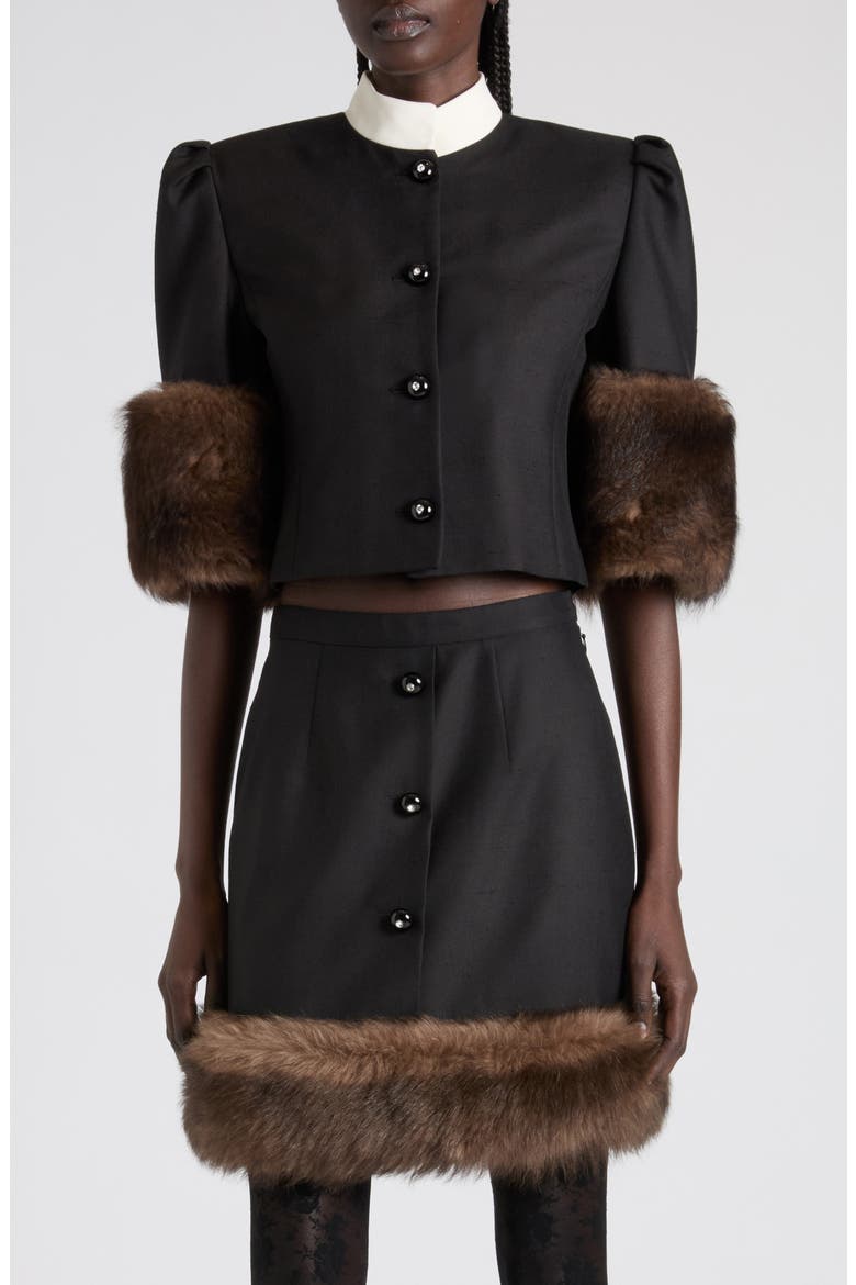 Genuine Shearling Trim Silk Shantung Jacket, Main, color, BLACK