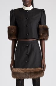 Valentino Genuine Shearling Trim Silk Shantung Jacket