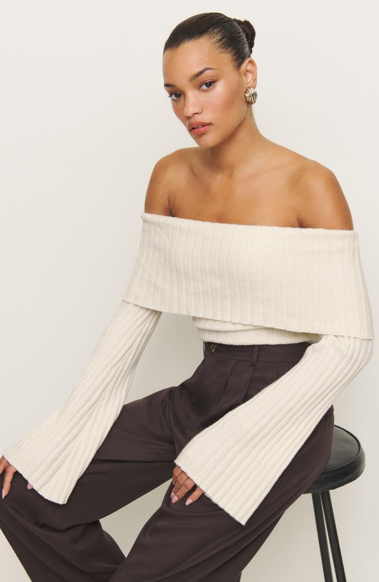 Reformation Lana Foldover Off the Shoulder Recycled Cashmere & Wool Blend Sweater, Alternate, color, Gossamer