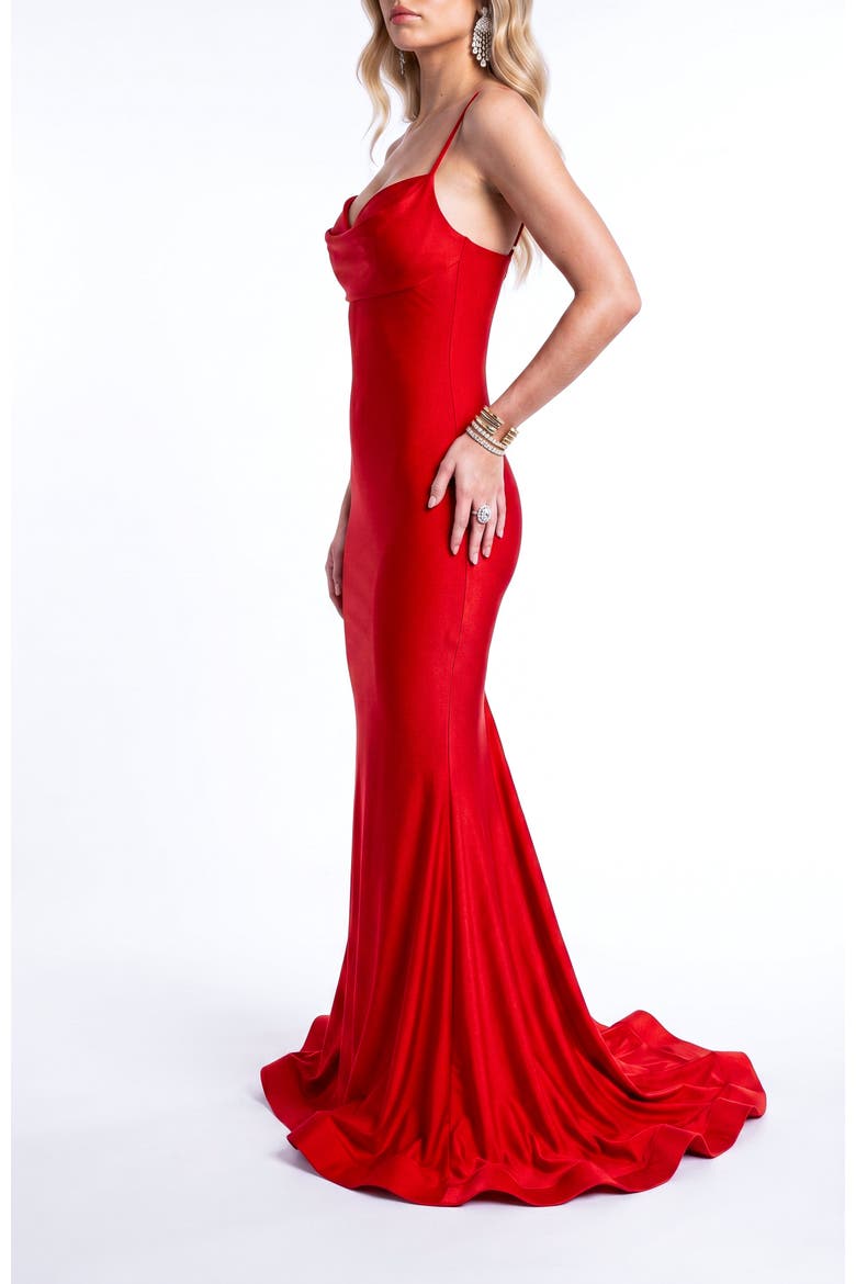 Cowl-Neck Open-Back Mermaid Gown, Alternate, color, Red