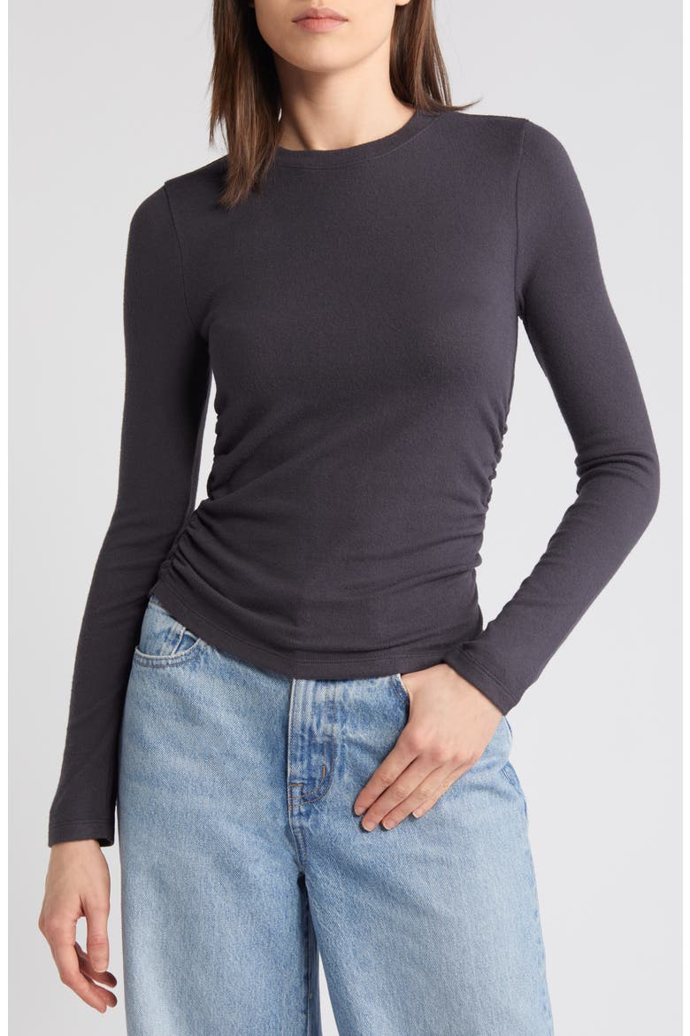 Long Sleeve Ruched Brushed Jersey Top, Main, color, BLACK COAL
