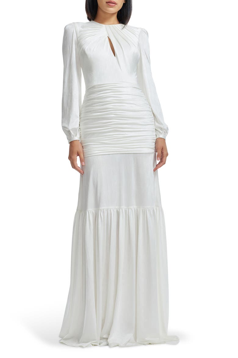 Lucille Pleated Ruched Long Sleeve Gown, Main, color, WHITE