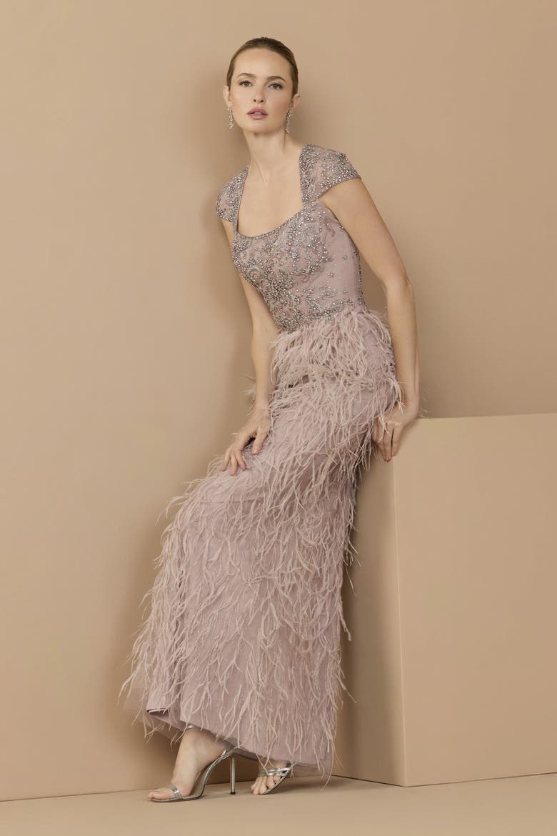 Embellished Cap Sleeve Feather Gown, Alternate, color, Mocha