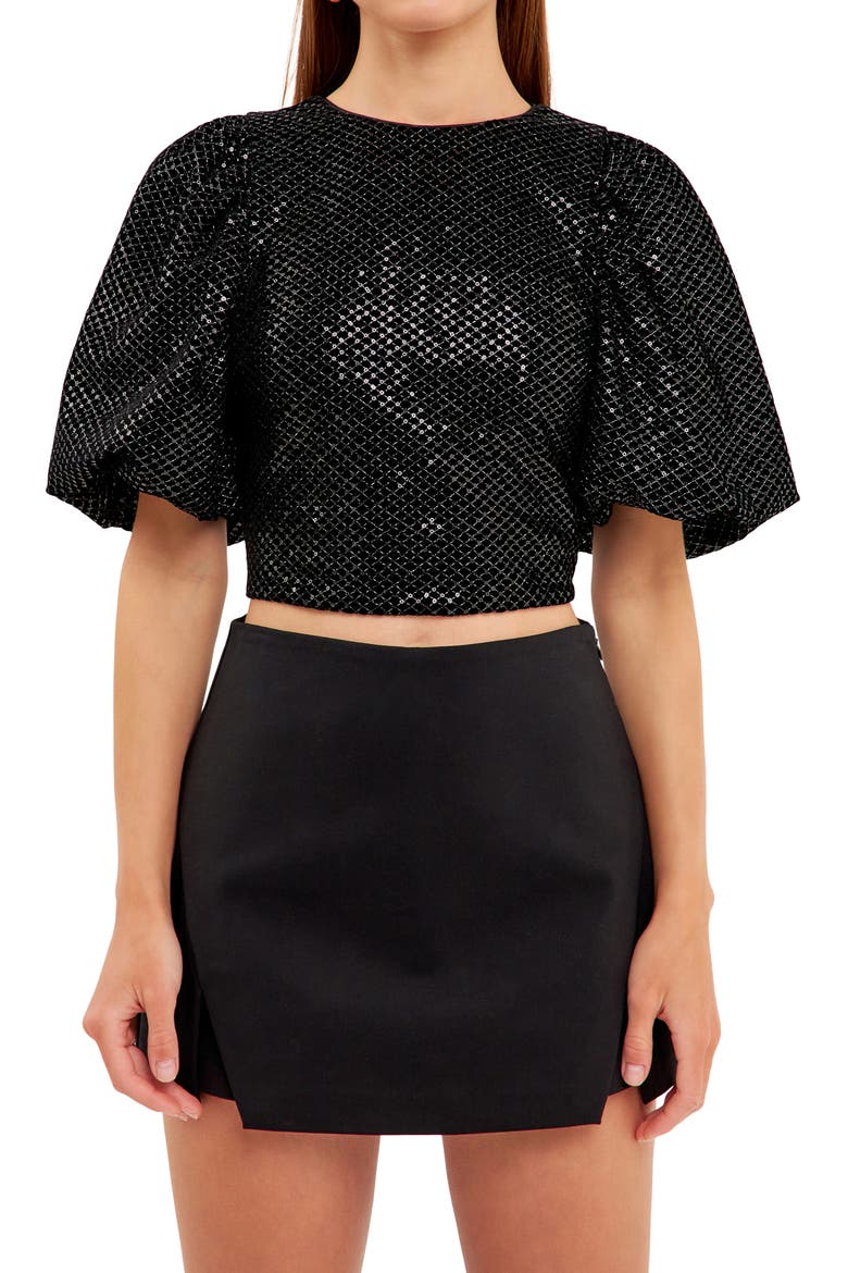 Sequin Lace-Up Puff Sleeve Crop Top, Alternate, color, BLACK
