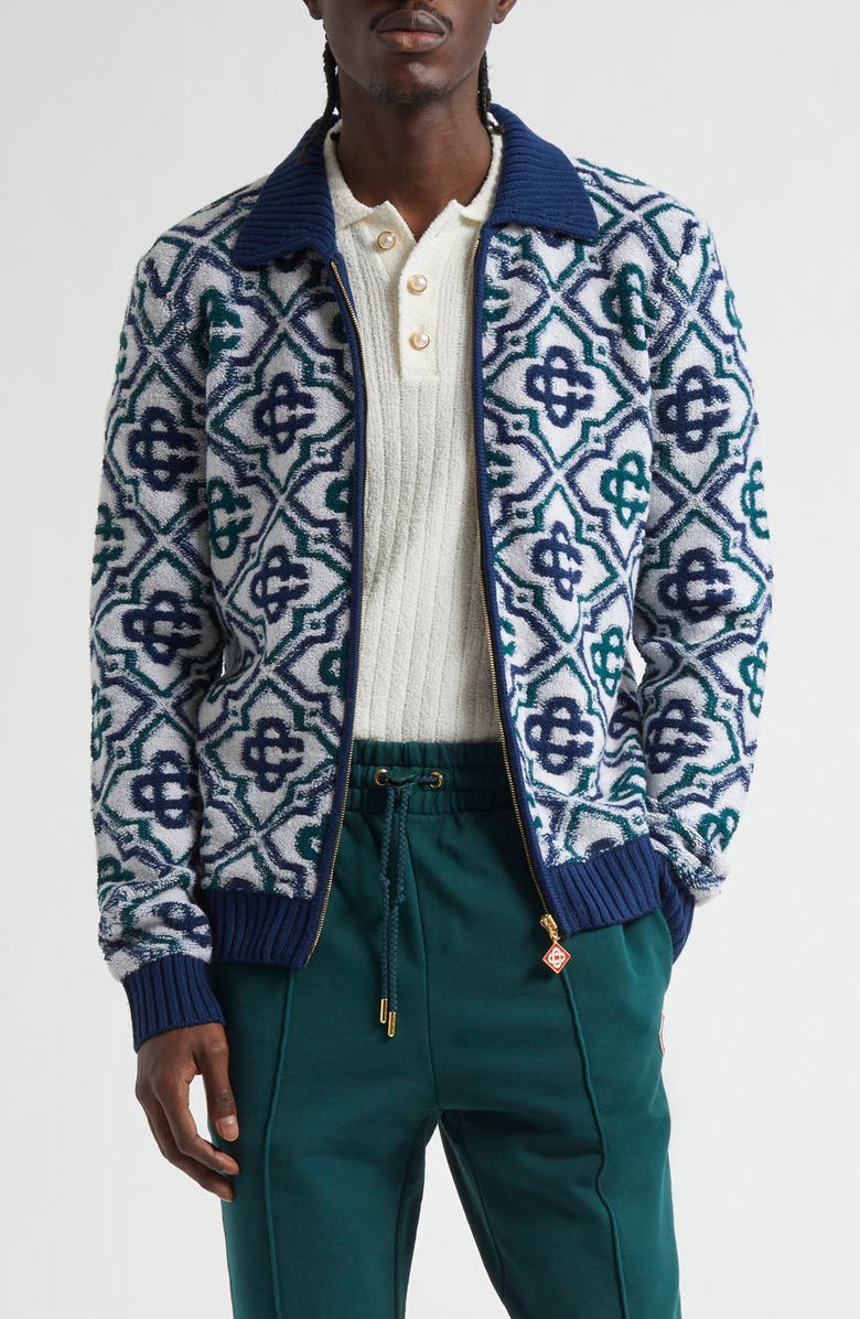 Casablanca Monogram Jacquard Merino Wool Blend Zip Cardigan, Main, color,
