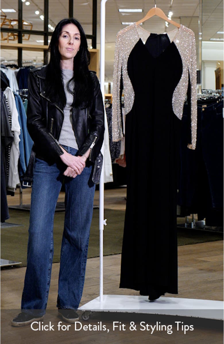 Wren Crystal Beaded Long Sleeve Jersey Gown, sales video thumbnail