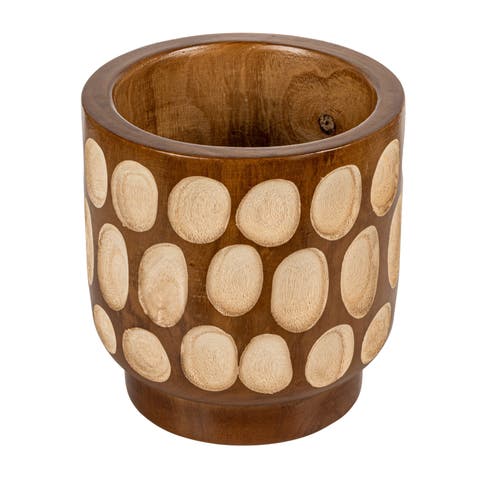 Hand-Carved Wood Planter with Dots, Walnut