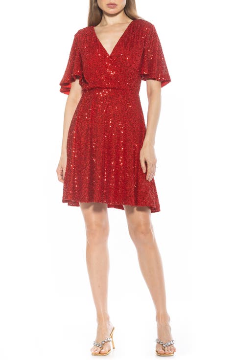 Oakless Sequin Flutter Sleeve Fit & Flare Dress