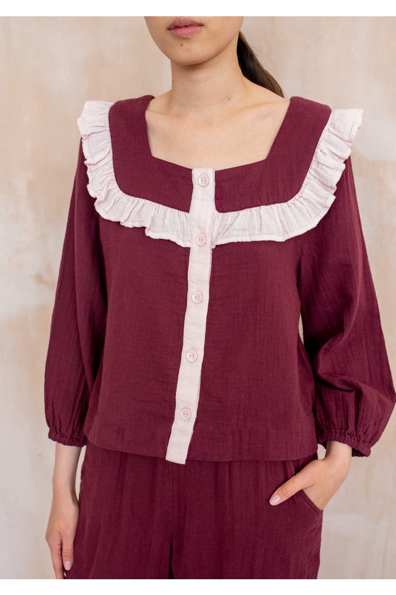 Cotton Cropped Leg Ruffle Pajamas, Alternate, color, Burgundy Ruffle