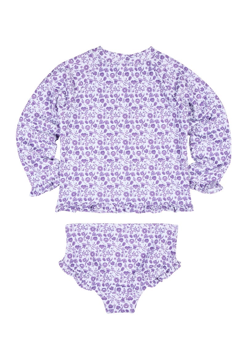 Floral Print Rashguard Swimsuit with Ruffles, Alternate, color, Purple/White