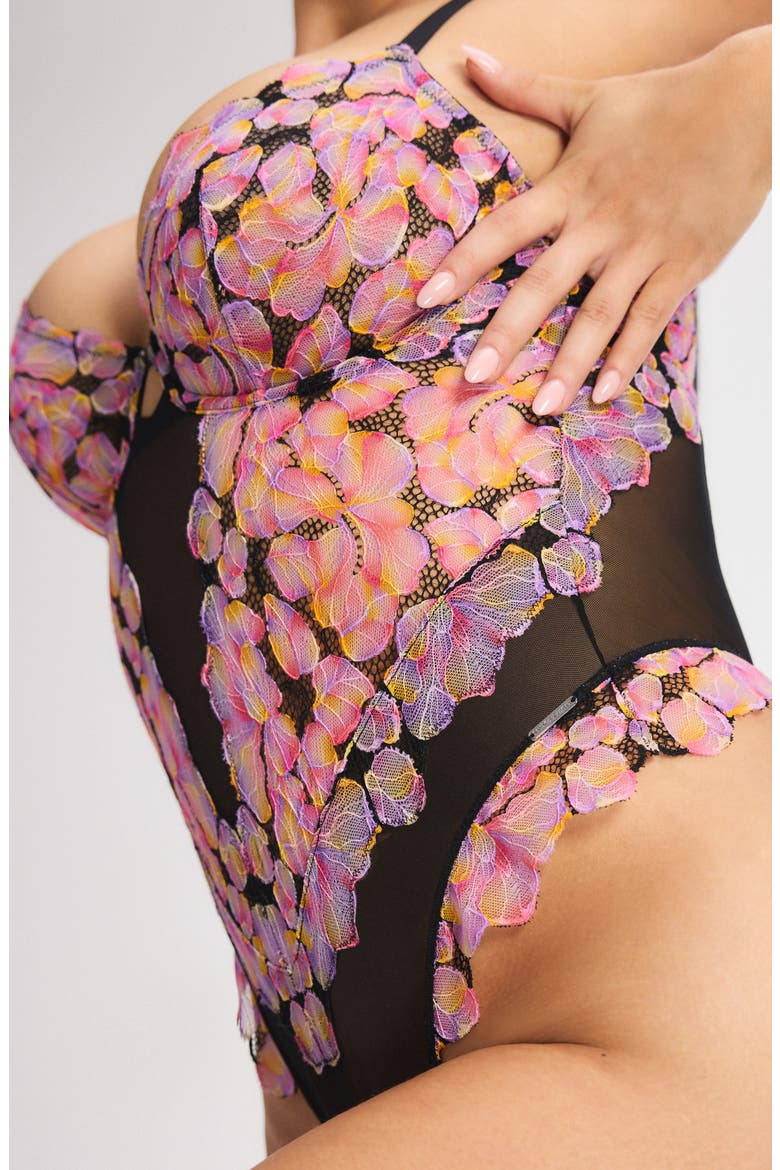 Sun Tide Floral Lace Underwire Teddy, Alternate, color, BLACK CAVIAR