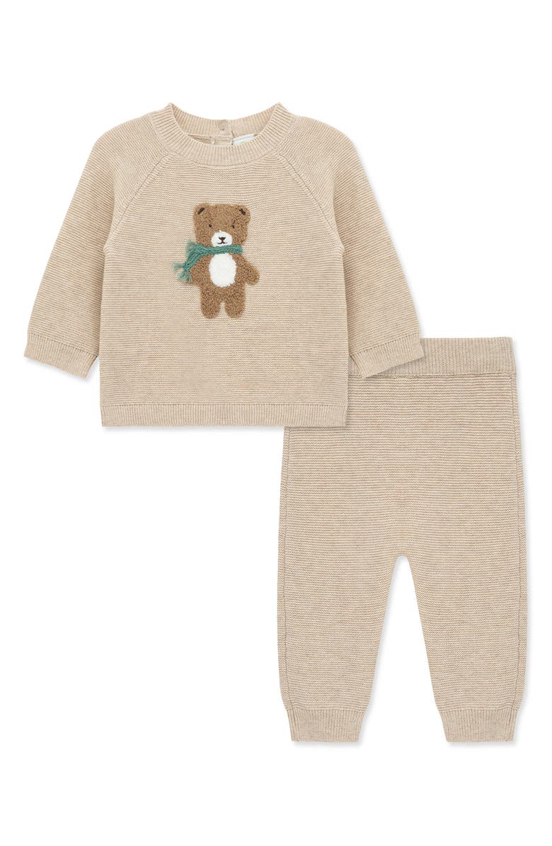 Little Me Bear Cotton Crewneck Sweater & Pants Set, Main, color, Tan