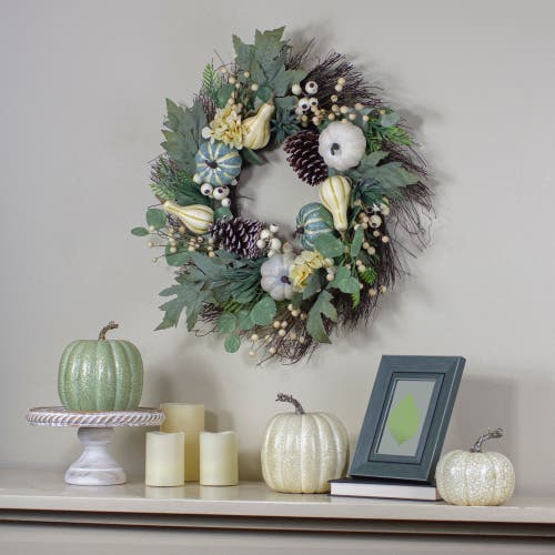 Northlight Pumpkins With Berries Artificial Fall Harvest Wreath In Green