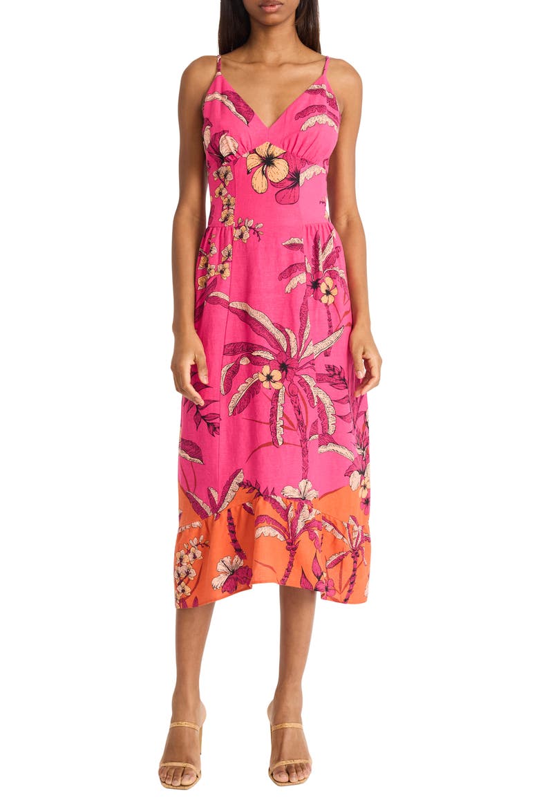 Floral Linen Blend Fit & Flare Midi Dress, Main, color, PINK POWER/ LIGHT RUST