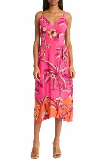 Floral Linen Blend Fit & Flare Midi Dress