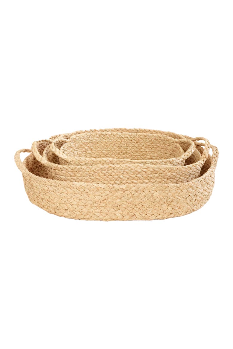 Set of 3 Nesting Braided Raffia Trays, Main, color, Natural