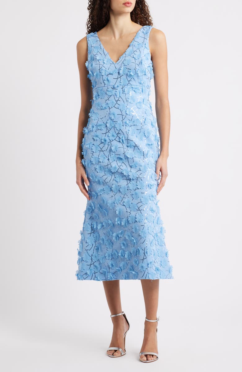 Eliza J Sequin Floral Appliqué Cocktail Midi Dress, Main, color, Lake
