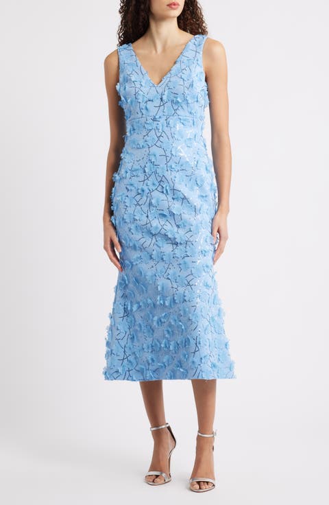 Sequin Floral Appliqué Cocktail Midi Dress