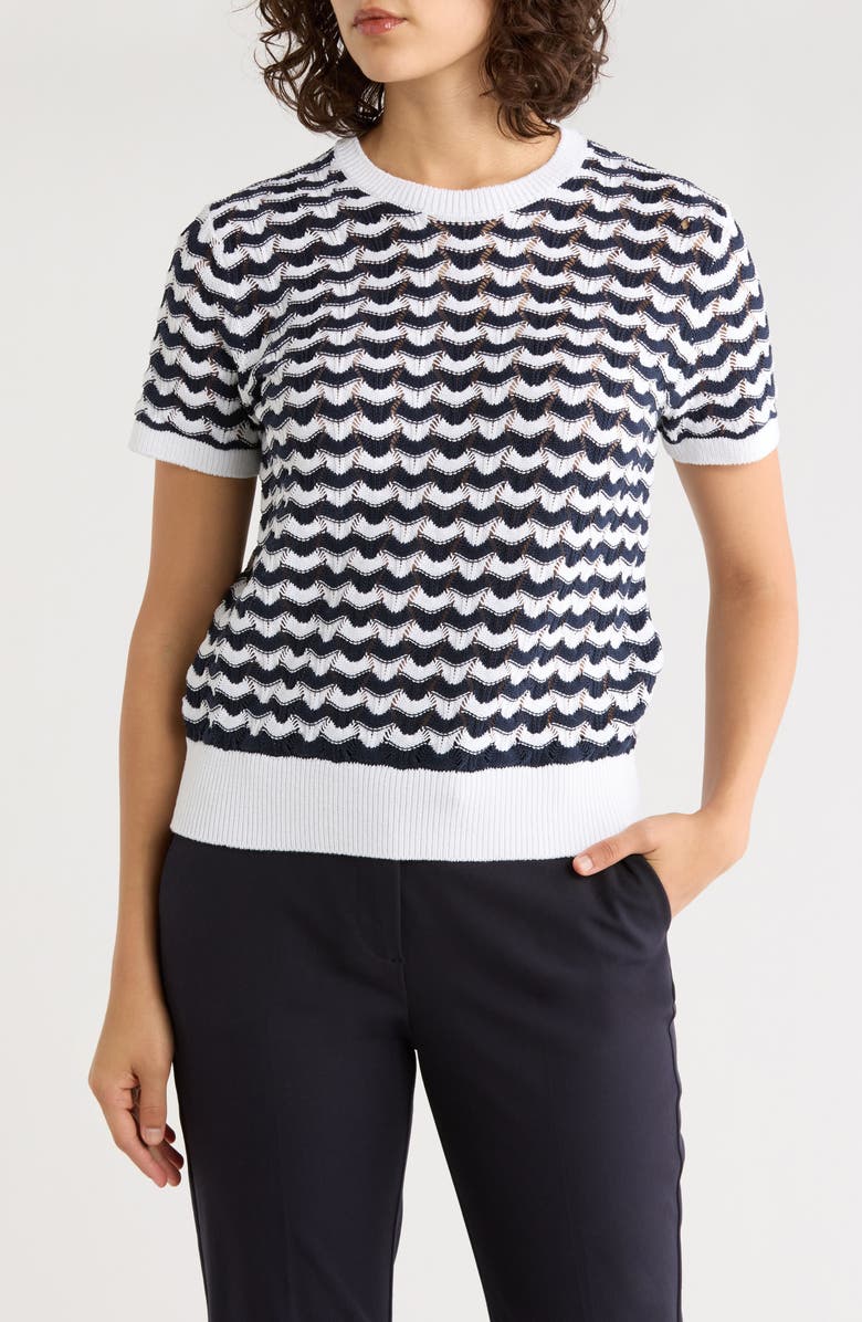 Brooks Brothers Stripe Pointelle Stitch Short Sleeve Cotton Sweater, Main, color, Navy White Stripe