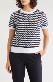 Brooks Brothers Stripe Pointelle Stitch Short Sleeve Cotton Sweater