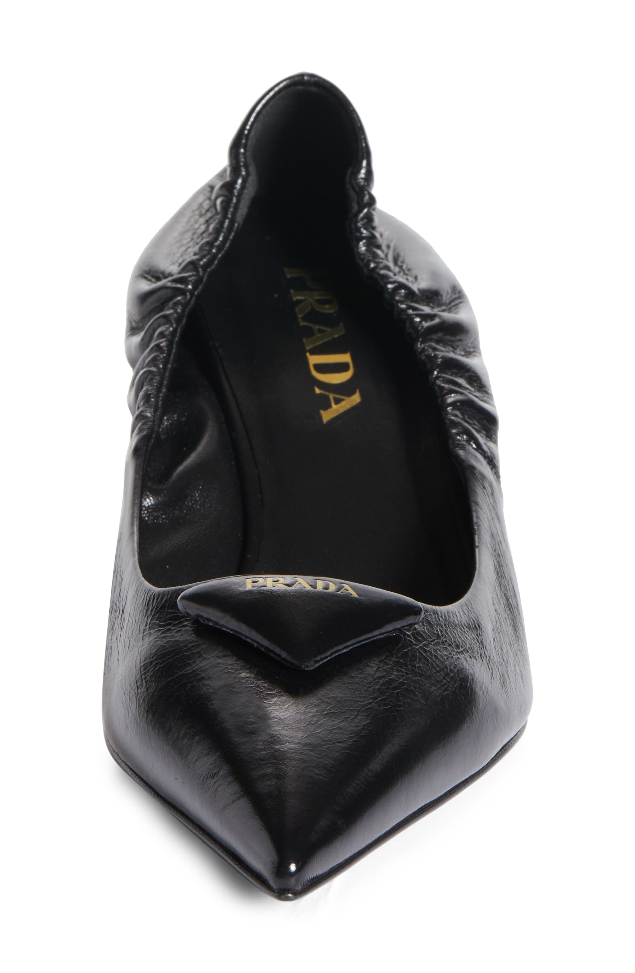 Prada Ruched Logo Kitten Heel Pump, Alternate, color, Nero