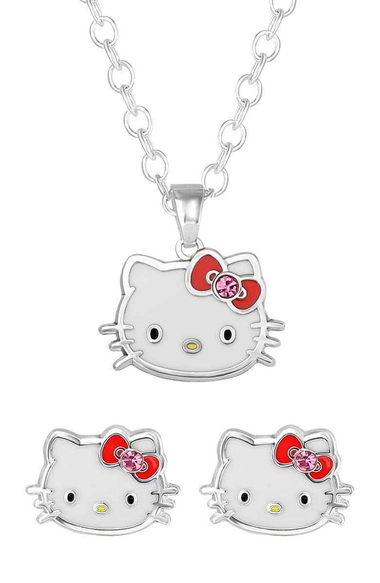 Jacmel Hello Kitty<sup>®</sup> Pendant Necklace & Stud Earrings Set, Main, color, White And Pink