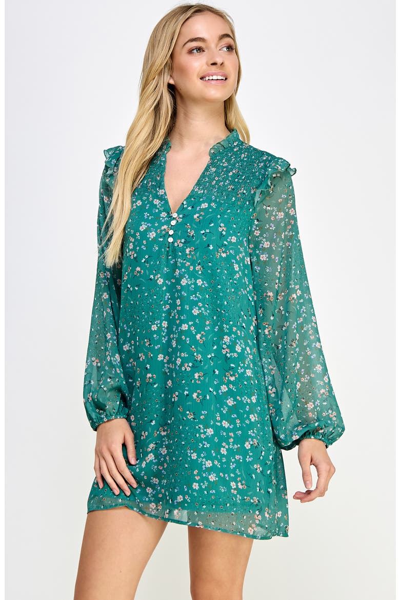 V-Neck Floral Print Smocked Long Sleeve Minidress, Alternate, color, GREEN FLORAL