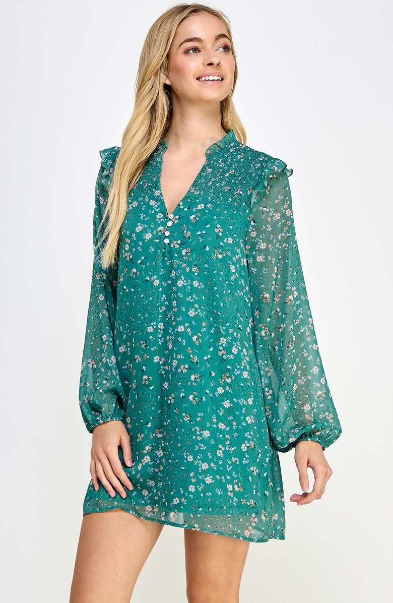 KOKO + MASON V-Neck Floral Print Smocked Long Sleeve Minidress, Alternate, color, 