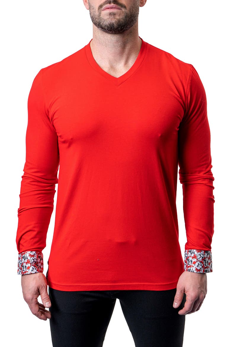 Edison Frenchie Red V-Neck Long Sleeve T-Shirt, Alternate, color, RED