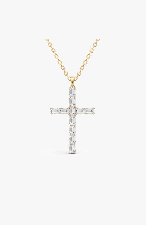 14K Gold 2 ct Necklace Emerald Cross Diamond Pendant