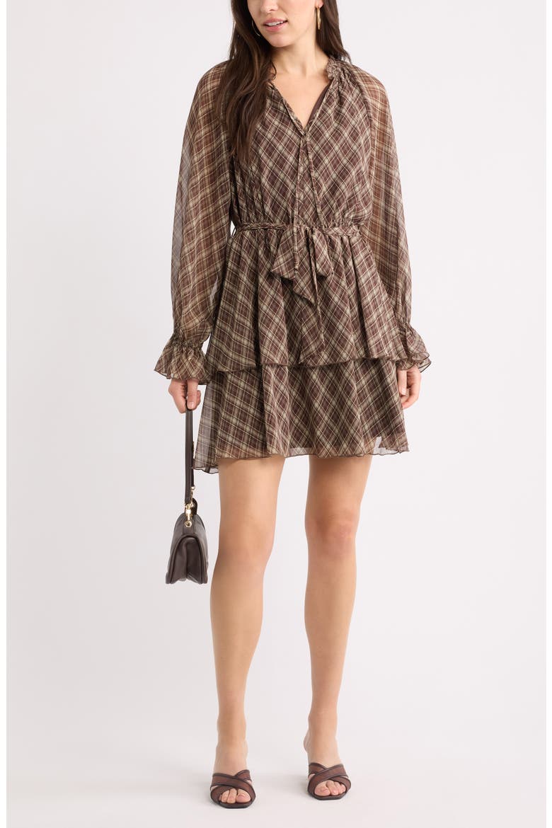 Floral Chiffon Tiered Minidress, Alternate, color, BROWN PLAID