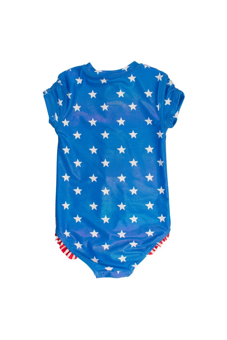 Girls Short Sleeve UPF50+ One Piece Rash Guard, Alternate, color, Shimmer Stars & Stripes