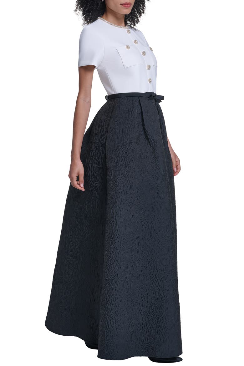 Mixed Media Short Sleeve A-Line Gown, Alternate, color, SOFT WHITE BLACK