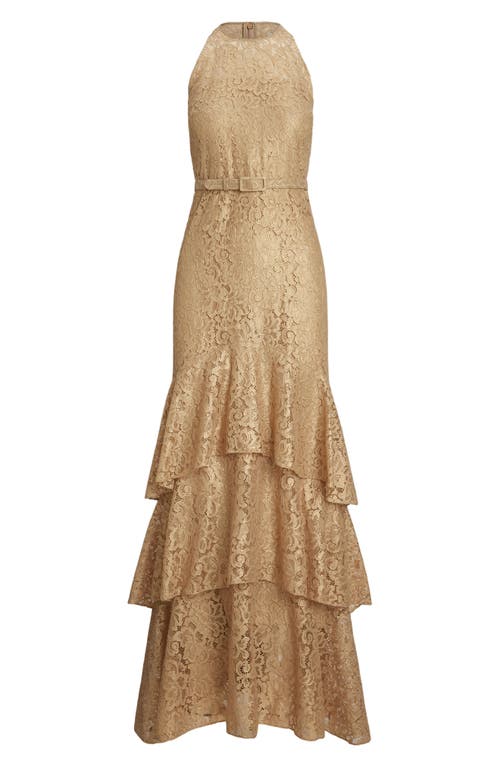 Ralph Lauren Women's Belted Metallic Lace Tiered Gown In Sand Dune/gold