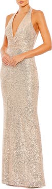 Mac Duggal Sequined Halter Strap Plunge Neck Gown