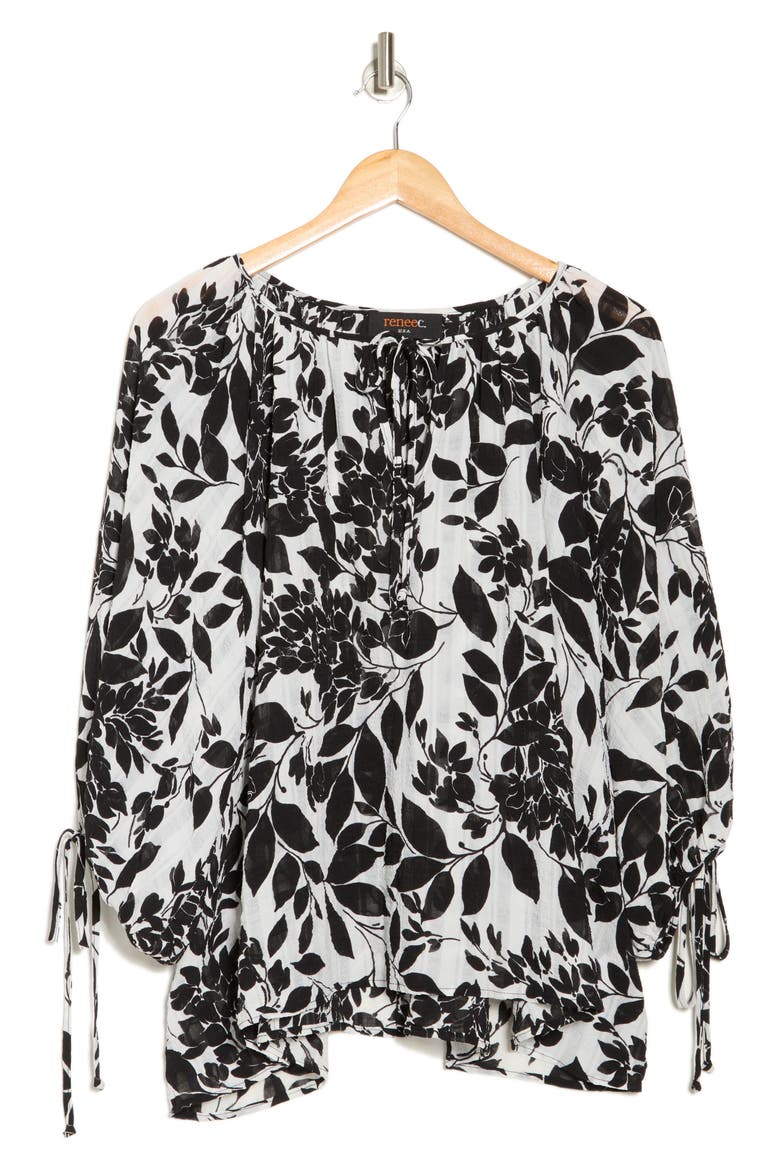 Floral Tie Sleeve Top, Alternate, color, BLACK/ WHITE