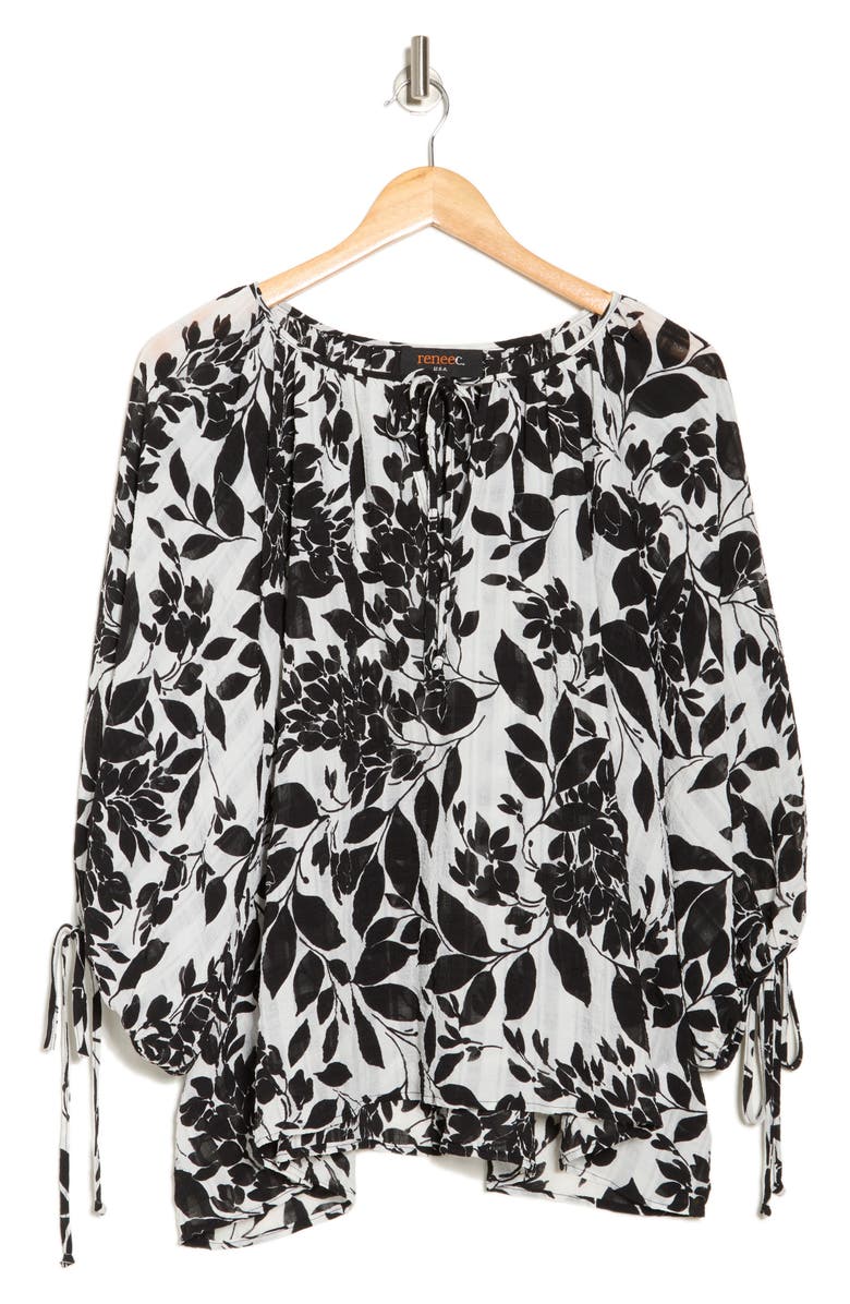 Renee C Floral Tie Sleeve Top, Alternate, color, Black/ White