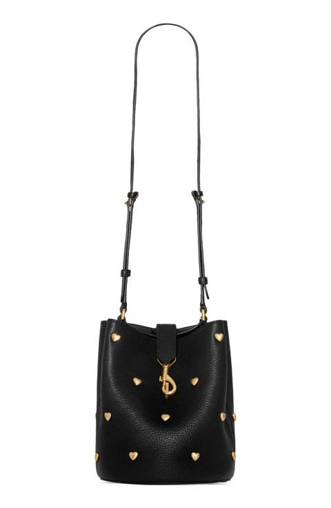 Small Heart Studded Leather Bucket Bag