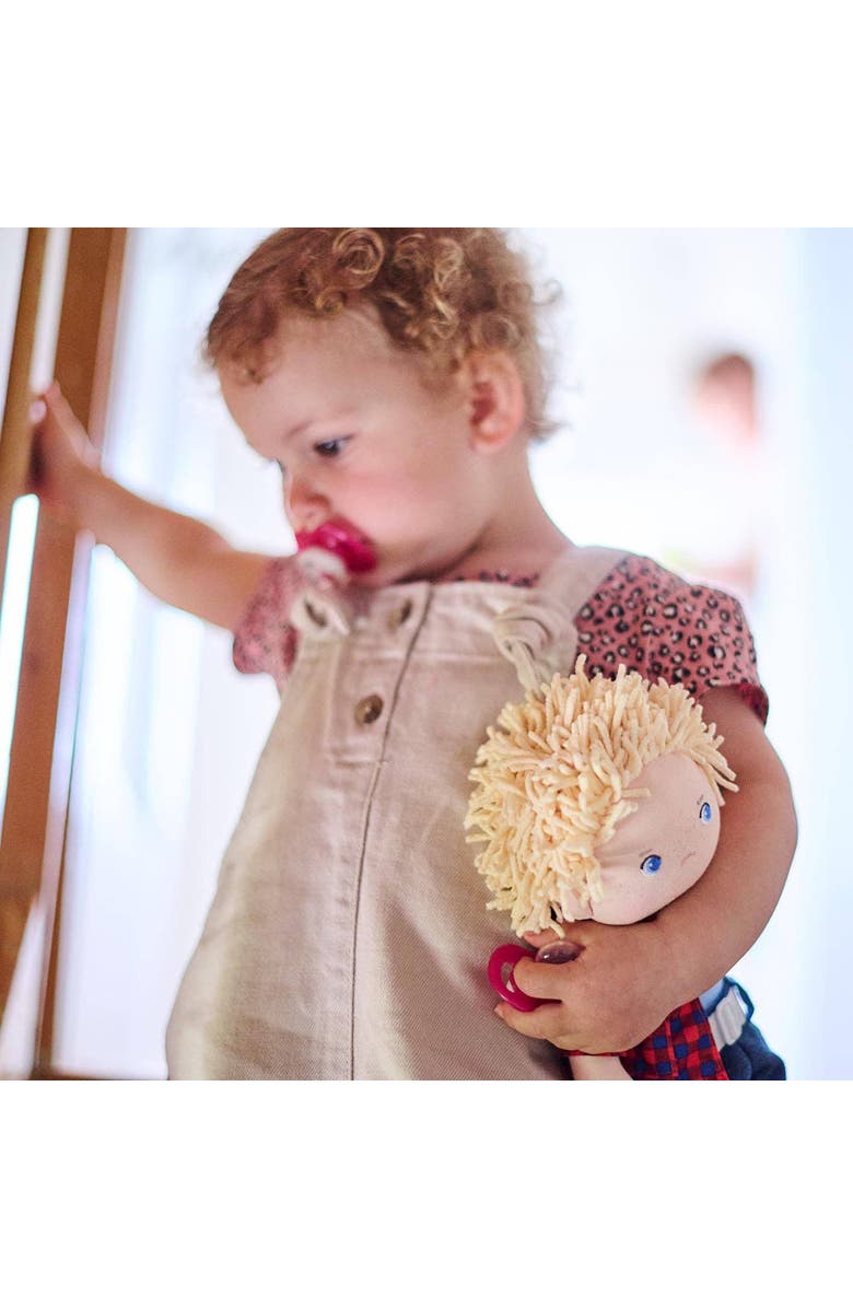 HABA Nick 12" Soft Doll - Baby Boy Doll with Blonde Hair and Blue Eyes (Machine Washable) Perfect Plush Toy for 18 Months & Up, Alternate, color, Red Multi